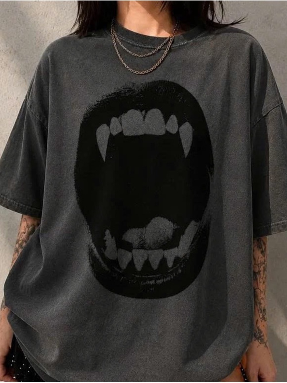Black Short Sleeve Tee with Vampire Mouth Graphic